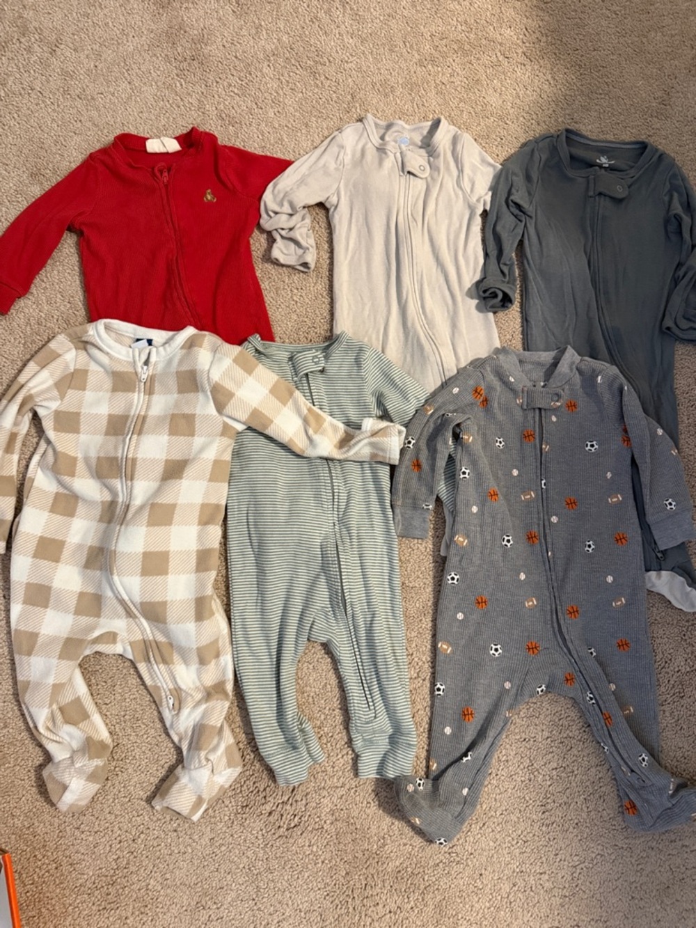 Cozy Kids Footie One-Piece in Red, Cream, Green & Gray - Soft Zip Closure